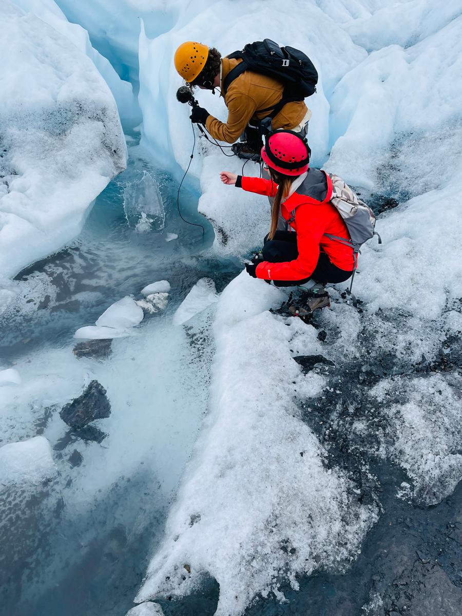 Li and her team record sounds of the glacier used in the multisensory VR film Once a Glacier.