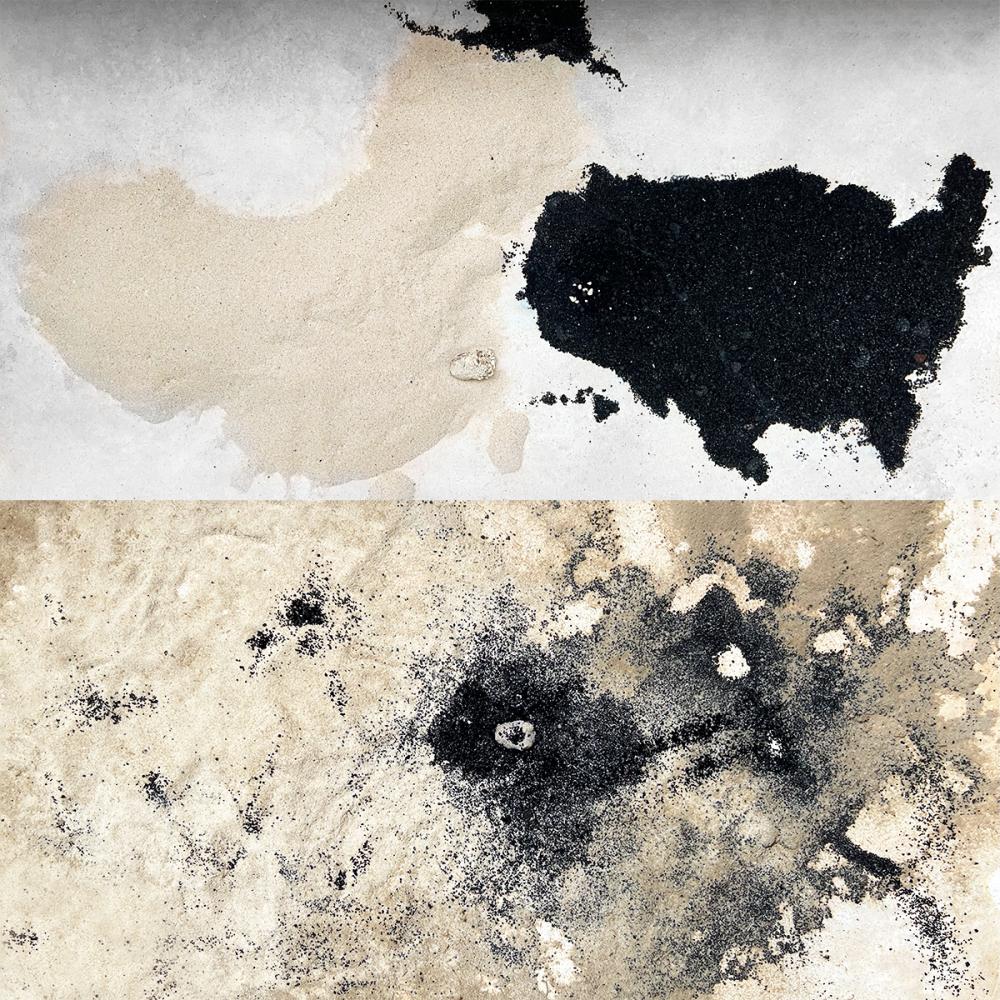 Top: The sand-shaped countries with the squid nested in the lighter sand. Bottom: The landscape after several weeks with the squid burrowed in the dark sand.