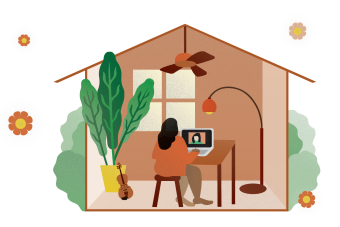 Illustration of a student working at home on a laptop.