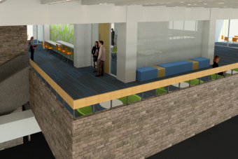 Design rendering of fourth floor balcony in the Fine Arts Library.