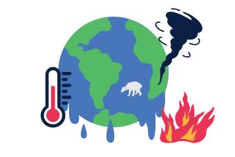 An illustration with earth, surrounded by images of a tornado, fire, thermometer to represent climate change