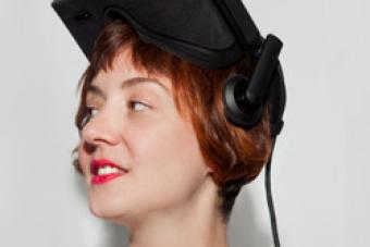 Amelia Winger Bearskin wearing a virtual reality headset 