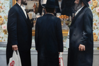 painting of three Jewish men standing in front of a painting by Manet