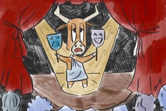 An illustration of Bevo, the UT mascot, performing in a spotlight on stage, holding two theatre masks