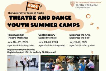 Graphic for the three Theatre and Dance Youth Summer Camps, taking place in June and July