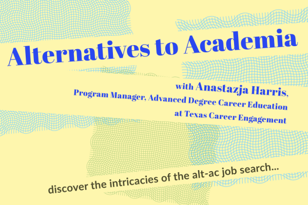 banner for CCE program "Alternatives to Academia," blue font on pastel yellow background 