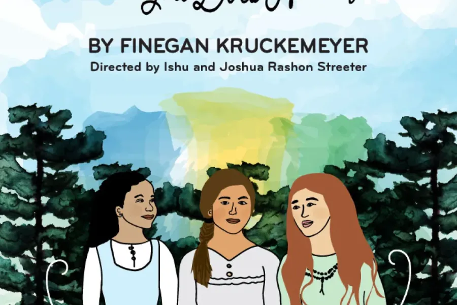 An illustration of three sisters holding hands, with a forest and a blue, watercolor sky behind them