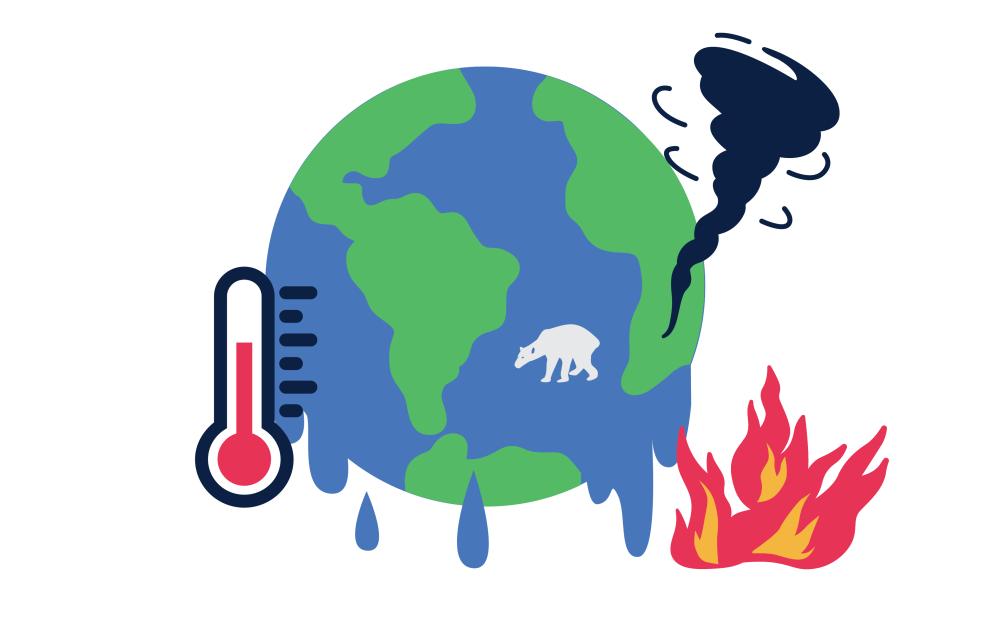 Illustration of a globe with a thermometer, tornado, fire and polar bear, where the planet appears to be melting.