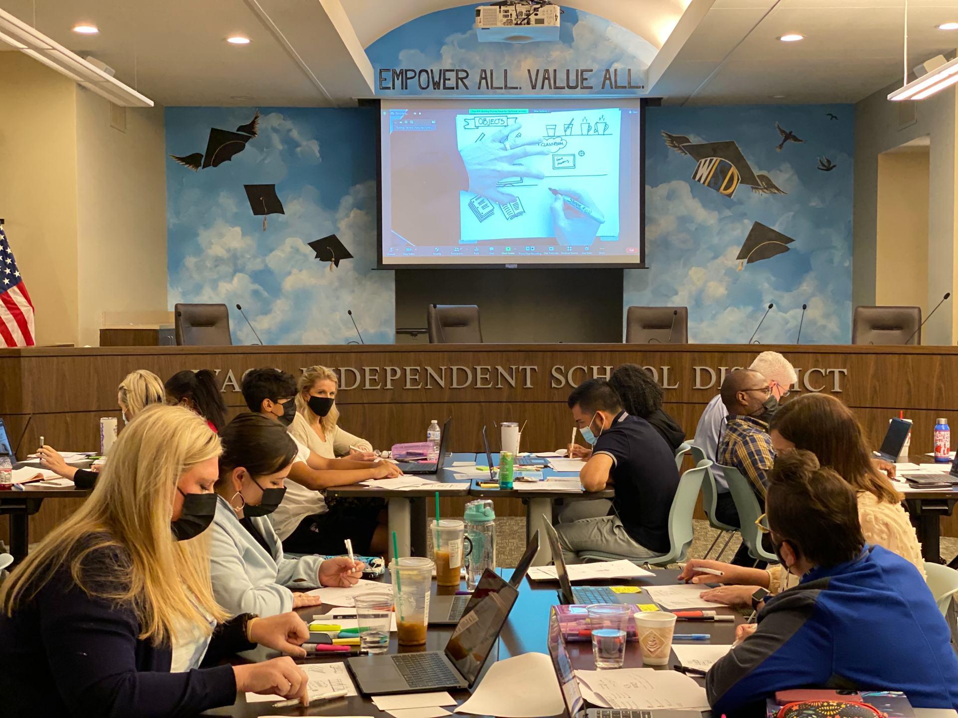 Teachers in Waco ISD participate in a workshop to apply design thinking to improving digital learning in higher education and teacher retention in K-12