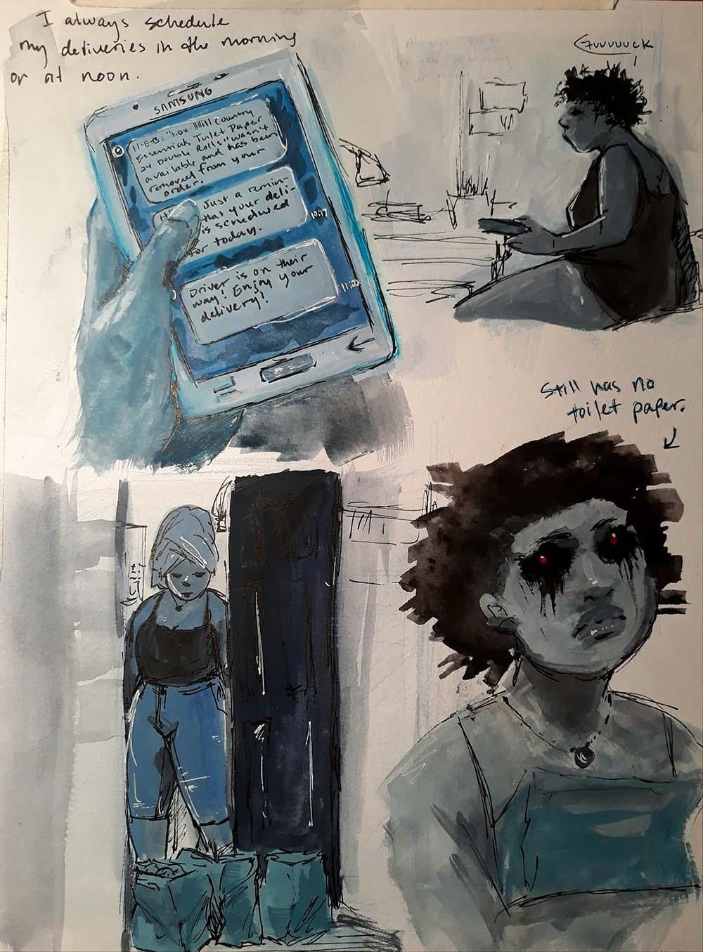 A series of annotated drawings by a student depicting how the pandemic makes her feel