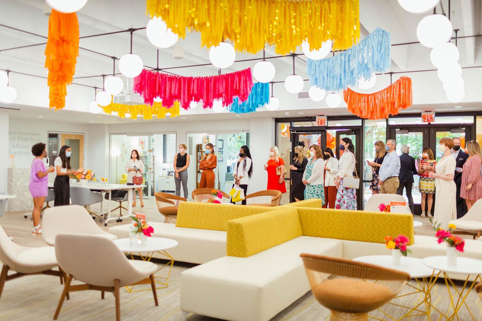 Guests gather in new Kendra Scott Center, which will serve as the physical home of the Kendra Scott Women's Entrepreneurial Leadership Institute on the first floor of the Doty Fine Arts Building. Photo by Sarah Wong