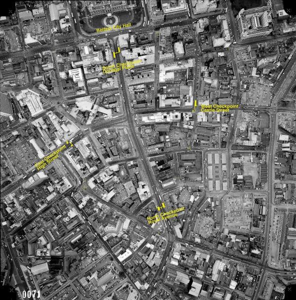 A 1982 aerial ordnance survey map from 1984 was used to locate the main checkpoints into and out of the city. OSNI image 0071.  Sept. 1, 1982.
