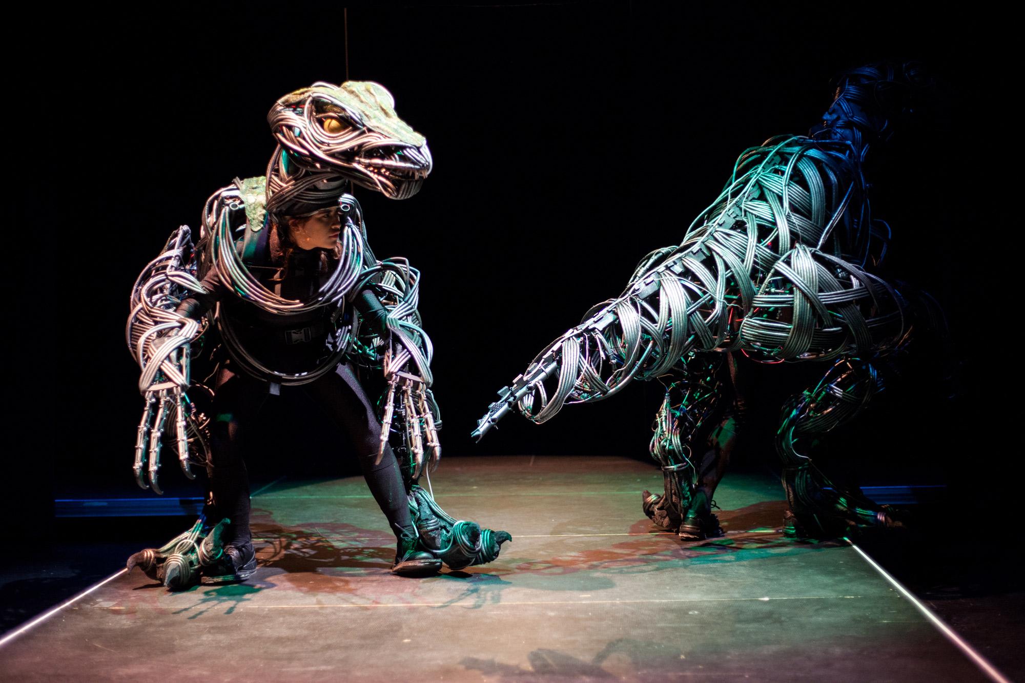 An image of two dancers on a darkened stage, wearing raptor costumes, with one facing forward and the other turned around to expose the tail