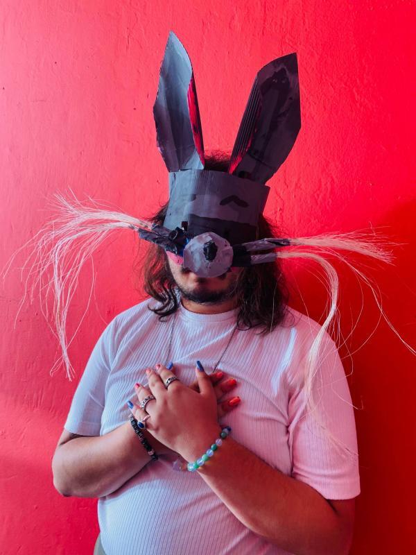 A student with a bunny mask he created in Mexico