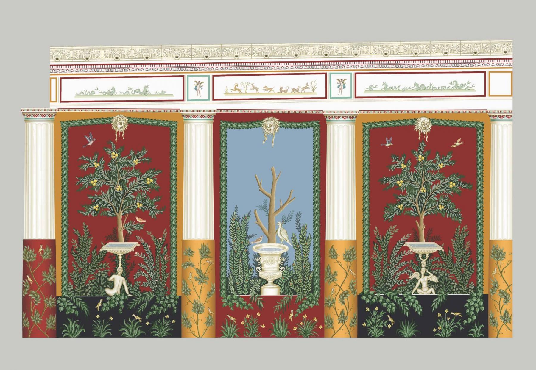 Garden painting in Villa A restored from archival photos. Digital drawing by Paolo Baronio 
