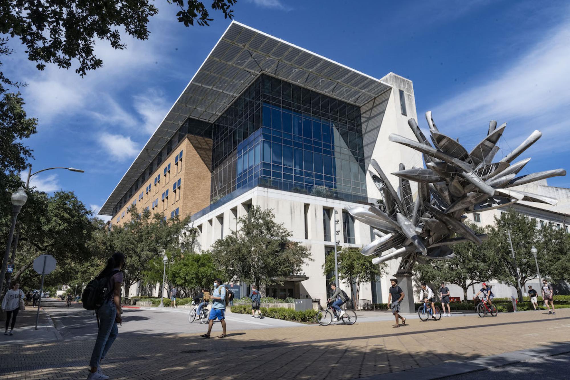 Nancy Rubins' "Monochrome for Austin" in front of the Norman Hackerman Building