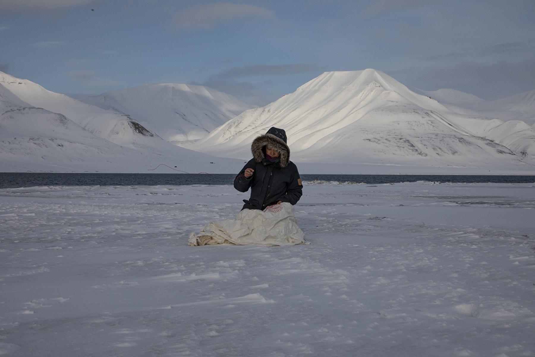 Studio Art Professor Beili Liu conducts an onsite performance in Svalbard.