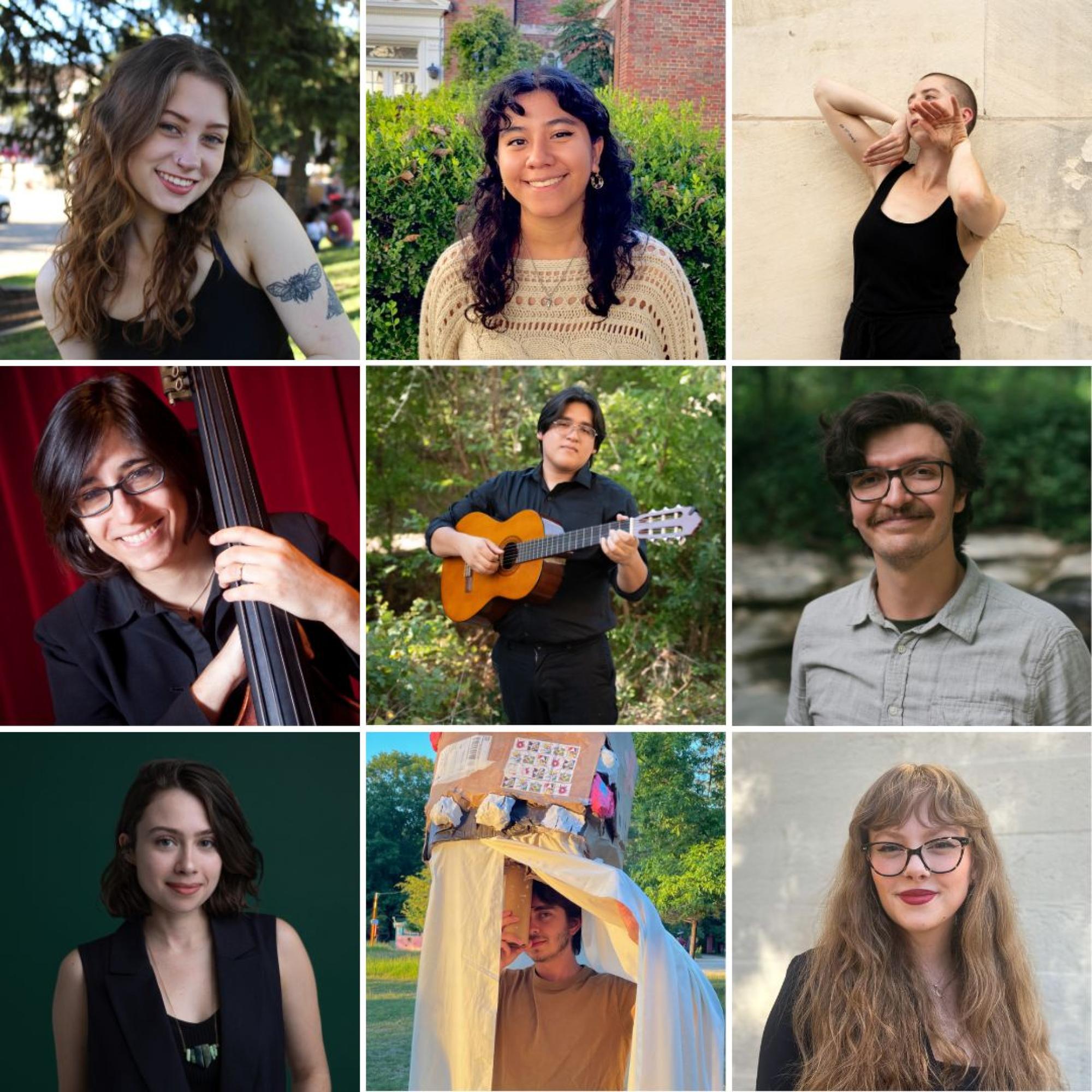 From top, left to right: Recipients of the Artistic Citizenship Collaborative Creative Project Grants include College of Fine Arts students Leah Austin, Elizabeth Banda, Leo Briggs, Laura Camacho, Demian Chavez, Khristián Eduardo Méndez Aguirre, Lily Odekirk, Javier Robelo Castillo and Julia Yelvington.