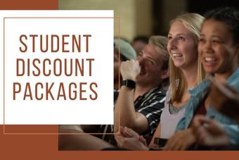 Text Student Discount Packages next to a photo of students in an audience