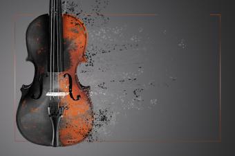 A photo of a violin disolves from the right side against a gray background.
