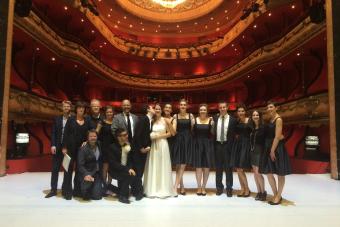 Cast photo in Theatre Jeu De Paume at the opera festival in Aix En Provence. Kate Ducey is second from the right, and Sven Ortel is third from left kneeling on the floor.