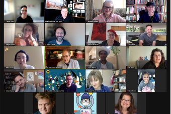 A Zoom grid of participants faces, photos and video feeds