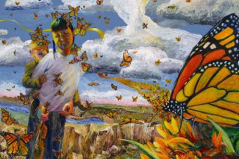 Painting of a woman with a child surrounded by monarch butterflies