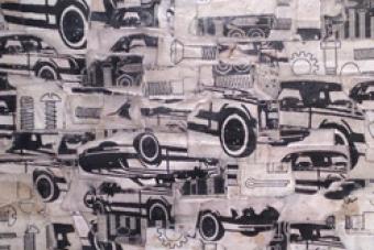 Art work that entails a multiple black and white images of cars and screws in a collage format