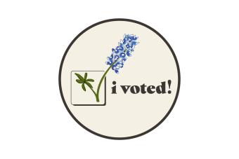 "i voted" sticker with a bluebonnet illustration in the shape of a bluebonnet flower