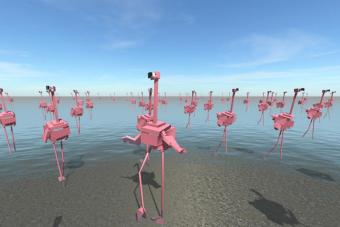A screenshot from the iPhone "FLARMINGOS" app shows an augmented reality populated with animated flamingos. 