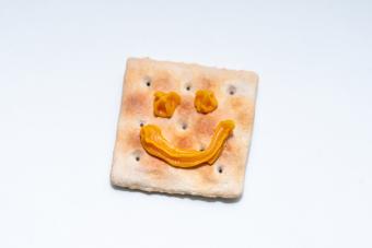 A saltine with a smiley face made from Cheez Whiz against a neutral background