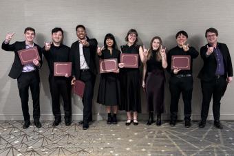 ZED saxphone quartet featuring Marina Sakellakis, Jacob Feldman, Connor O’Toole, and David Bennette, and Soha, string quartet composed of Mei Liu (violin), Chloe Yofan (violin), Thomas Gougeon (viola), and Katusaki Arakawa (cello), giving the hook em sign at MTNA Chamber Music String Competition.