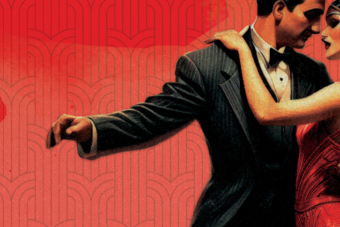 Red art deco inspired poster with a close crop on two dark haired dancers tangoing 