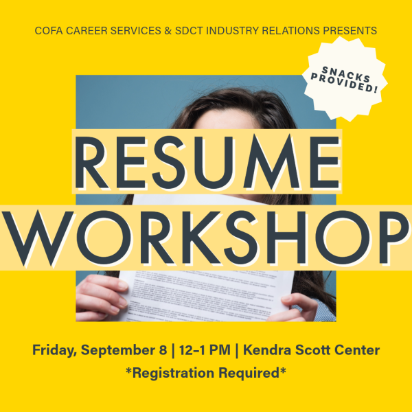 Resume Workshop on Friday, September 8, noon to 1pm in the Kendra Scott Center. RSVP on Handshake.