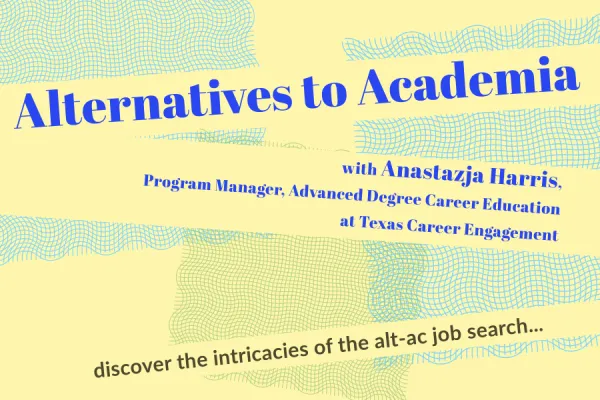 Alternatives to Academia banner for CCE program "Alternatives to Academia," blue font on pastel yellow background