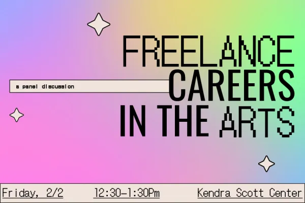 Freelance Careers in the Arts banner for CCE program "Freelance Careers in the Arts," black type on multicolored pastel background