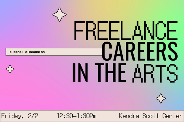 banner for CCE program "Freelance Careers in the Arts," black type on multicolored pastel background