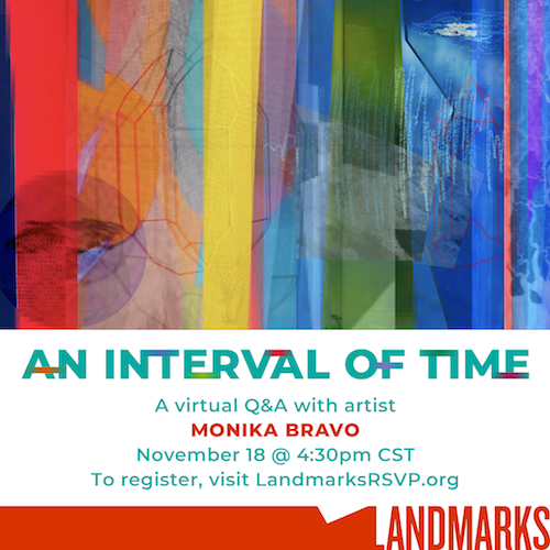 Event flyer for Monika Bravo virtual talk on November 18, 2020