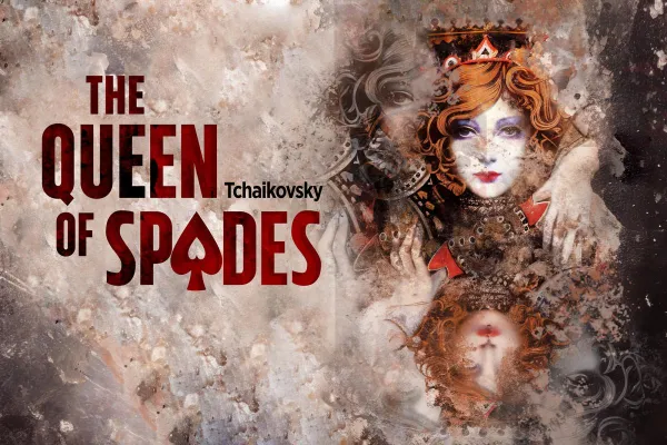 An red-headed Queen of Spades emerging from clouds.