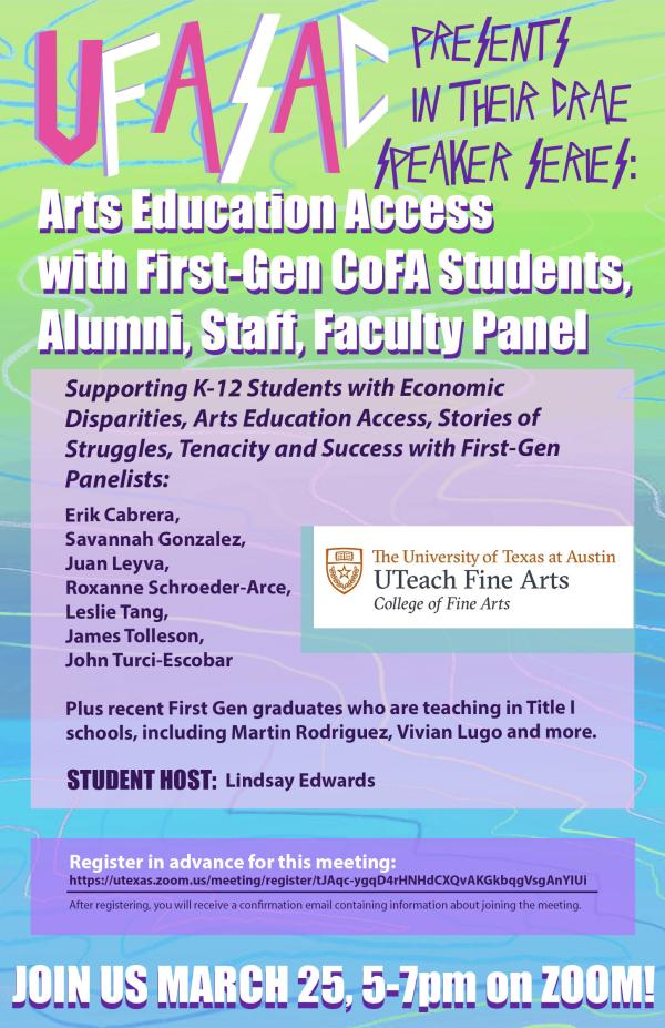 Flyer for the UFASAC Arts Access Panel Discussion with First-Gen COFA folks