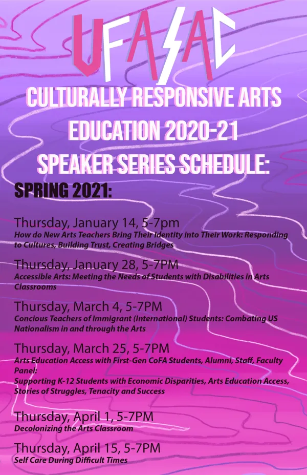 Flyer for the UTeach Fine Arts Culturally Responsive Arts Education Speaker Series