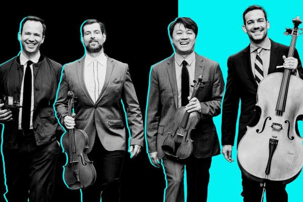 Black and white photo of members of the Miró Quartet holding their instruments in front of a black and neon aqua background.