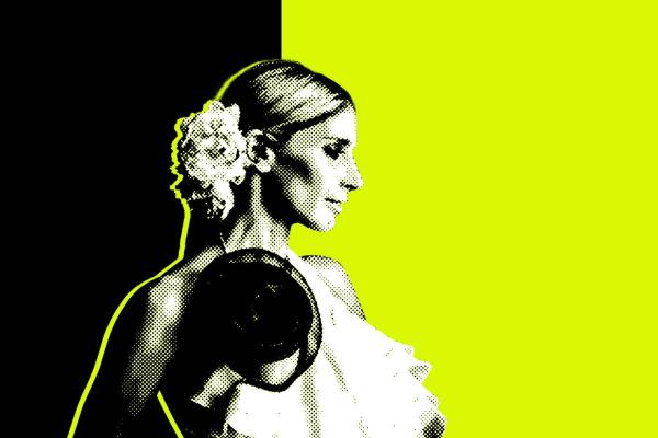 Black and white profile shot of soprano Hila Plitmann with a flower in her hair, in front of a neon lime and black background.