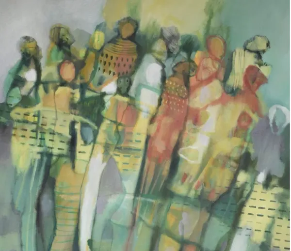 "Translation," a painting by Michel V Meulenert, depicting people and buildings merged together.