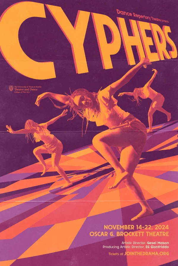 A purple, orange and yellow graphic for CYPHERS, featuring three figures dancing on a circle of multi-colored tiles