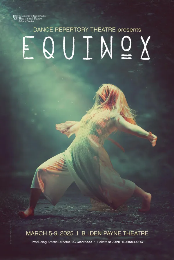 An etherial graphic for Dance Repertory Theatre's EQUINOX, featuring a dancer lunging forward with a forest of trees behind them