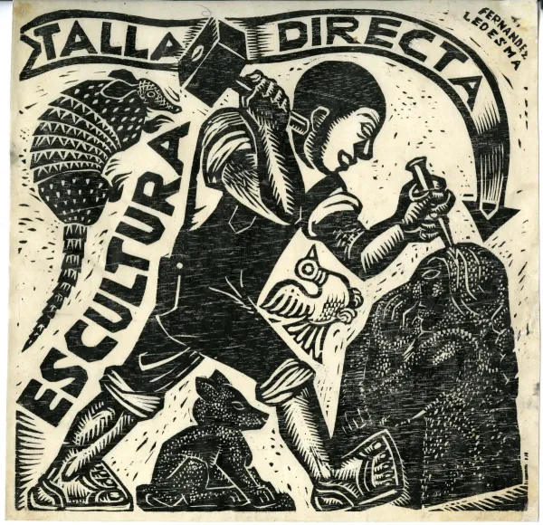 print with a man hitting a rock on it
