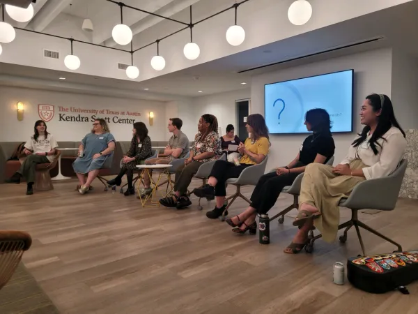 Photo of former UTeach Fine Arts students who are new teachers sitting in a panel discussion about their experiences as educators.