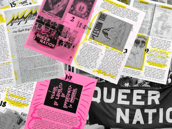 A collage of LGBTQ+ zines, protest materials, and publications by artist Paul Soulellis, featuring bold typography and handwritten annotations. The image includes a prominent black-and-white photograph of activists holding a 'Queer Nation' banner, along with pink-highlighted sections containing phrases like 'Denial of equality of opportunity is immoral.' Various pages from zines such as 'The Lesbian Tide' and 'Gay Flames' are layered throughout, with yellow highlights emphasizing key text passages.