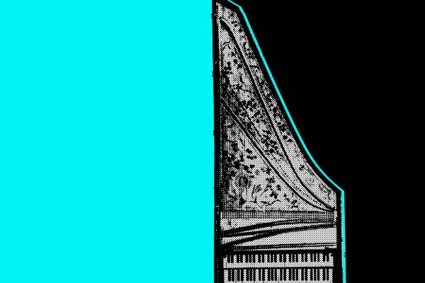 A graphic representation of a harpsichord, taken from above, showing the two keyboards and the instrument's strings.